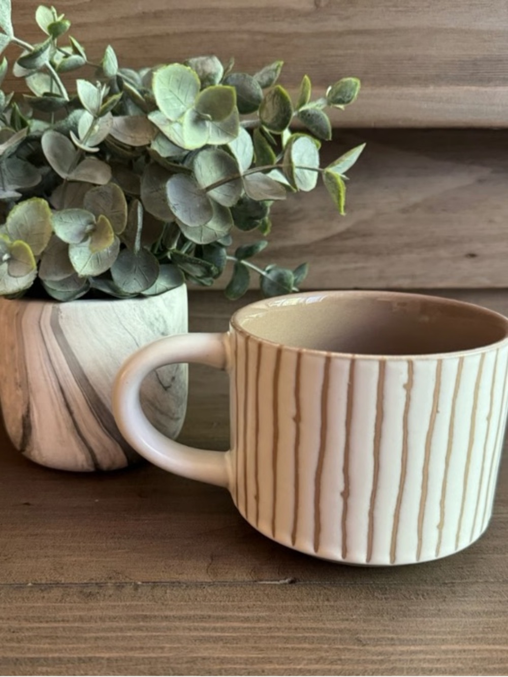 Neutral Striped Ceramic Coffee Mug - Cream